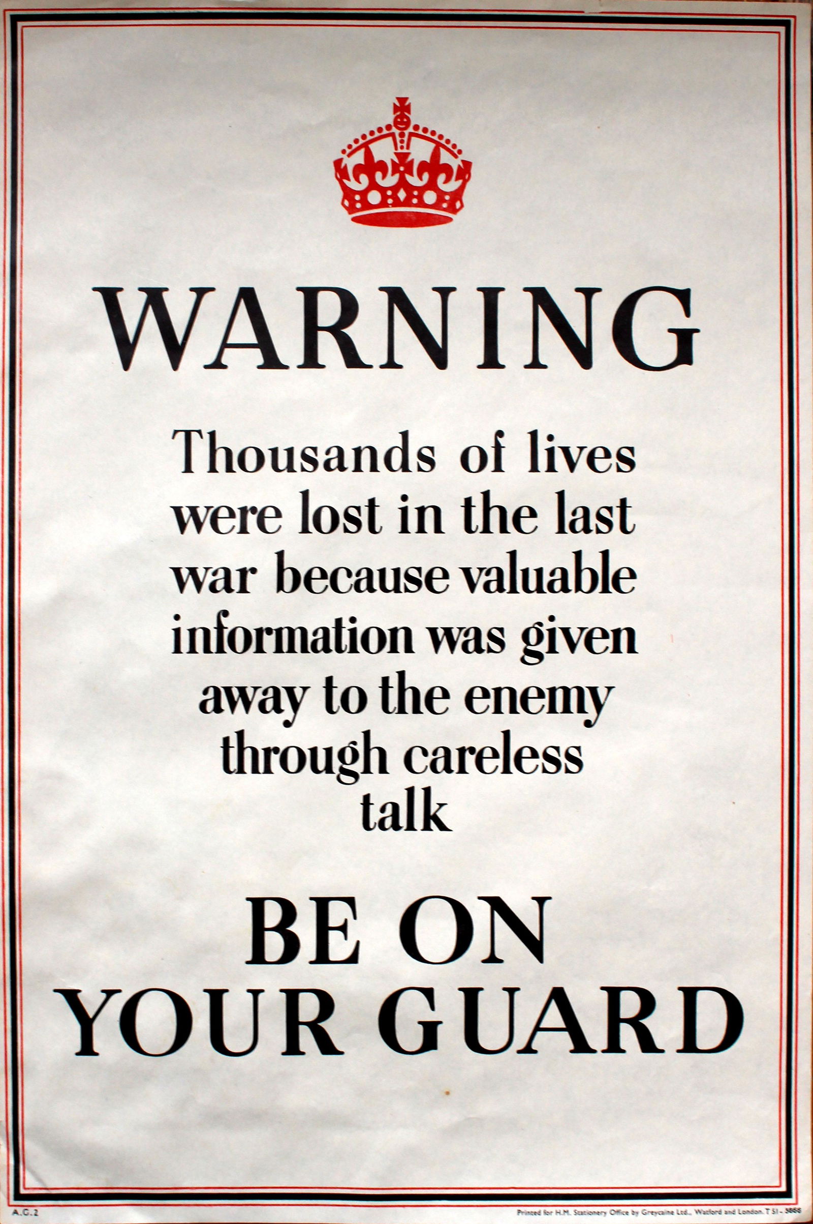 War Poster Be On Your Guard WWII UK Spy Keep Calm: Original vintage World War Two poster: Be on your guard. Warning - thousands of lives were lost in the last war because valuable information was given away to the enemy through careless talk. Black te