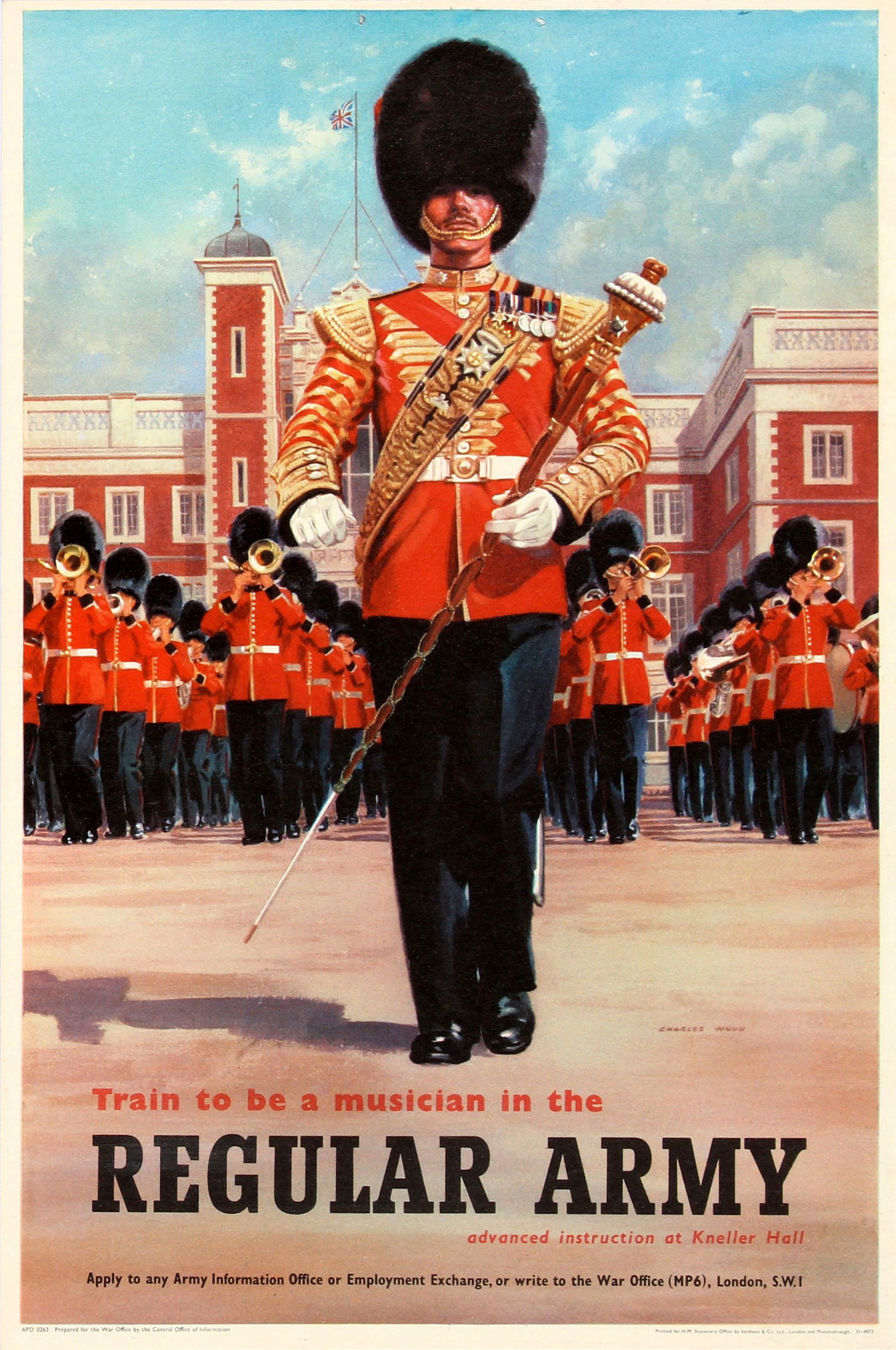 Propaganda Poster Military Orchestra Musician Regular: Original vintage British Army recruitment poster - Train to be a Musician in the Regular Army advanced instruction at Kneller Hall (The Royal Military School of Music). Great illustration showing the