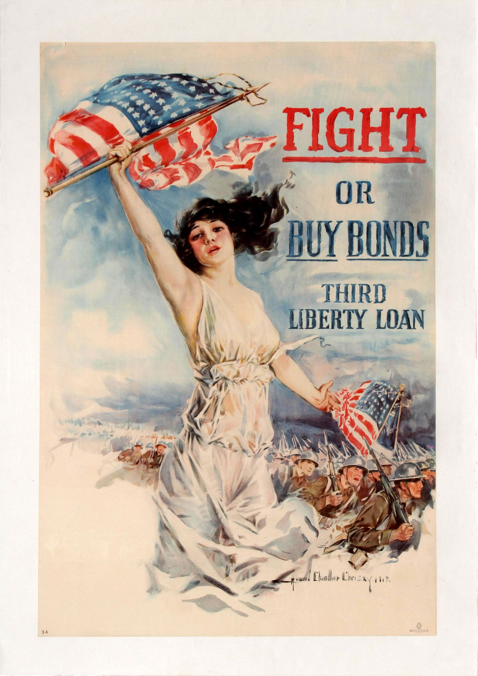 Propaganda Poster Fight Buy Bonds Third Liberty Loan: Original antique World War One propaganda poster - Fight or Buy Bonds Third Liberty Loan - featuring striking artwork by the renowned American artist and illustrator Howard Chandler Christy (1872-1952