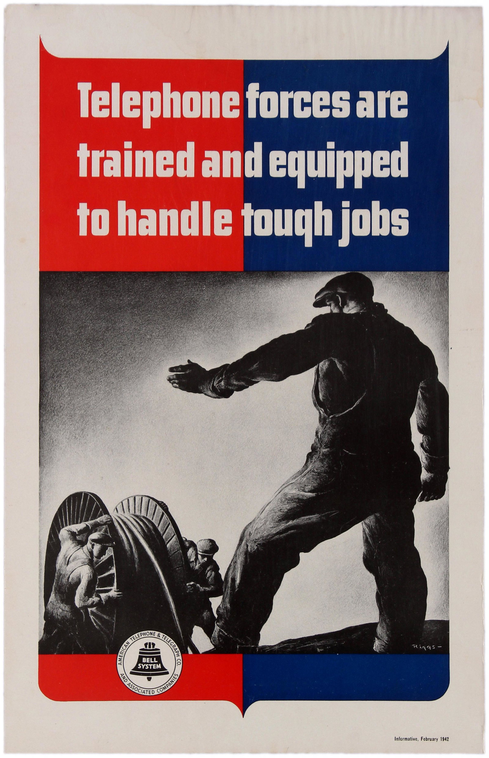 Propaganda Poster WWII Bell System Telephone Forces: Original vintage WWII propaganda poster published by Bell System in 1942: Telephone forces are trained and equipped to handle tough jobs. This poster features a black and white artwork by Riggs showin