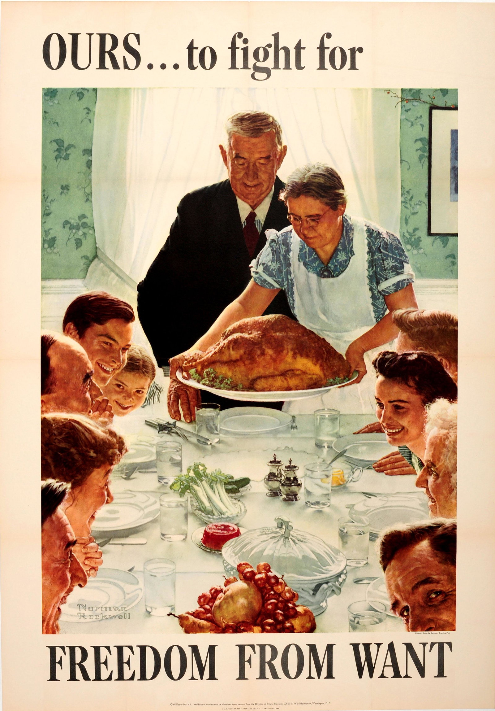 War Poster Freedom From Want WWII USA Norman Rockwell: Original vintage World War Two propaganda poster: "Ours... to fight for Freedom from Want" issued by the Office of War Information and initially published in the Saturday Evening Post newspaper, one o