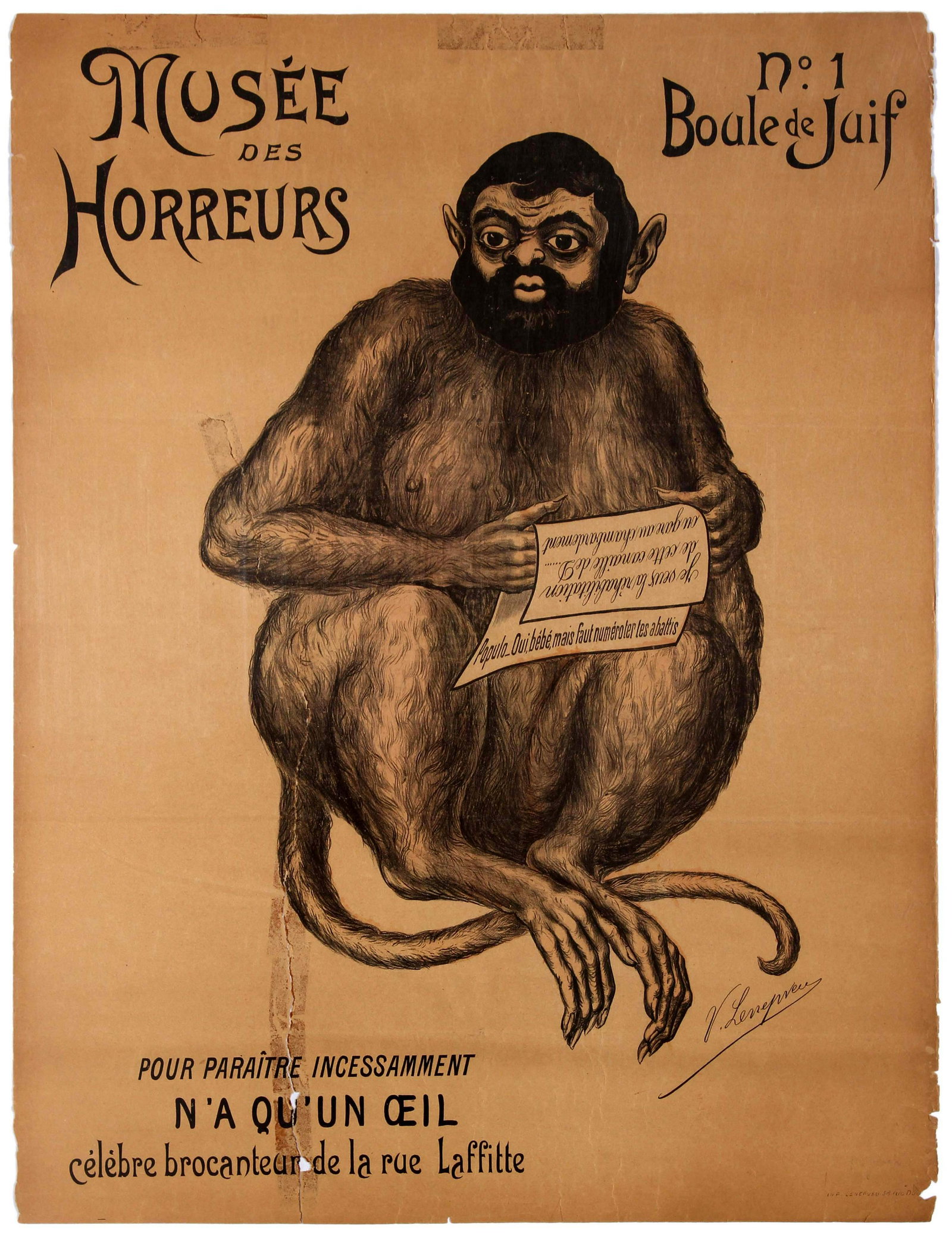 Propaganda Poster Antisemitism France Musee des: Original vintage propaganda poster for the publication Musee des Horreurs ("Gallery of Horrors") issue No.1, titled "Boule de Juif" (Jew's Ball). This poster features a drawing by Lenepveu (pseudonym)