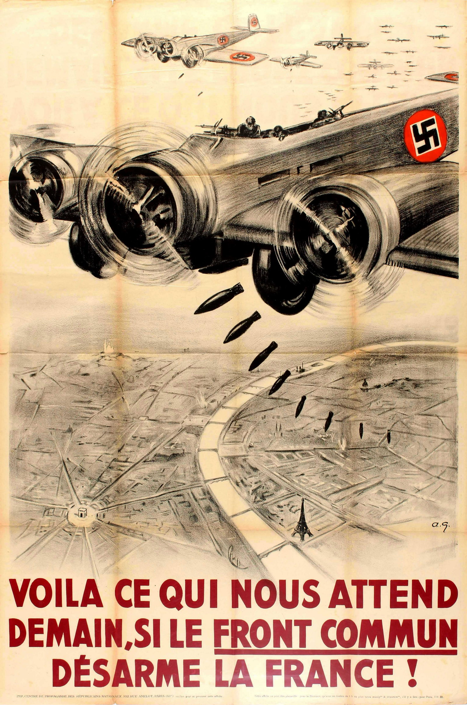 War Poster Anti Popular Front WWII Nazi Airplane Bombs: Original vintage French World War Two propaganda poster produced by the National Republicans as a warning of what would happen if their opponents, the Popular Front, were elected - This is what awaits