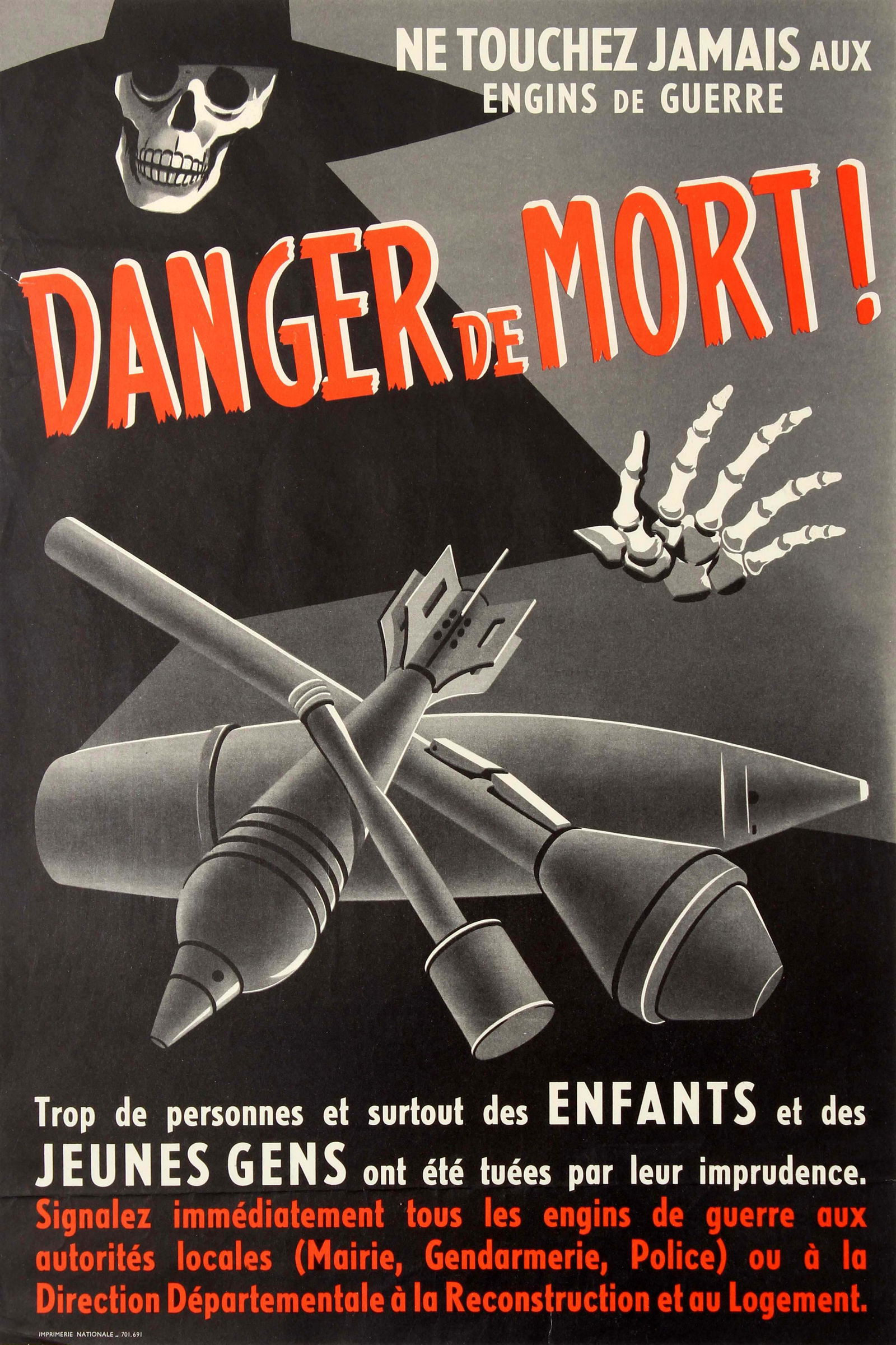 Propaganda Poster Danger De Mort Explosives WWII Home: Original vintage World War Two propaganda poster warning about the dangers of touching unexploded bombs and other instruments of war - Ne touchez jamais aux engins de guerre Danger de Mort! Trop de pe