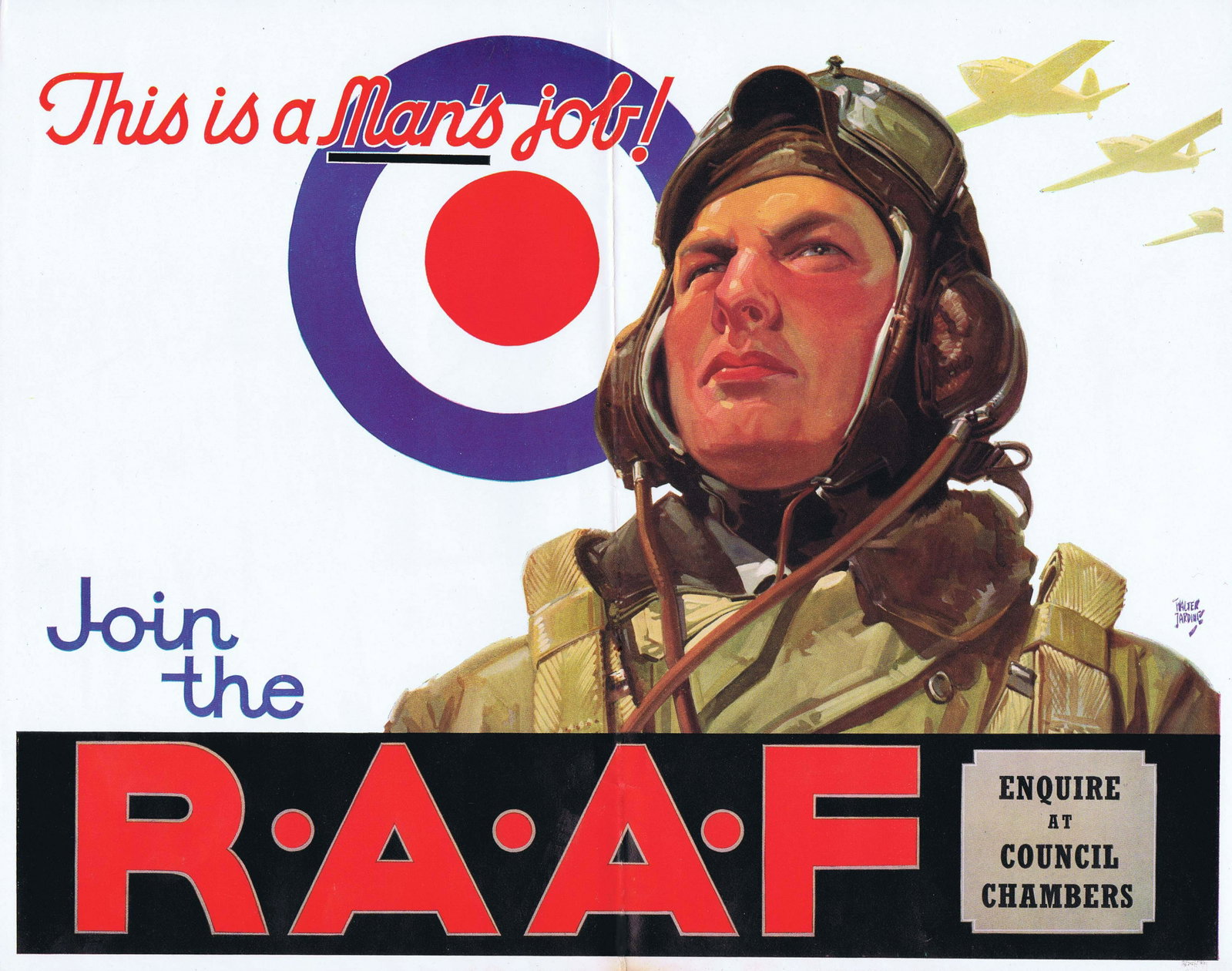 War Poster Join the RAAF WWII Australia Air Force Pilot: Original vintage World War Two poster: Join the RAAF (Royal Australian Air Force), This is a man's job! Enquire at Council Chambers. Image of a WW2 pilot wearing a helmet and goggles with planes flyin