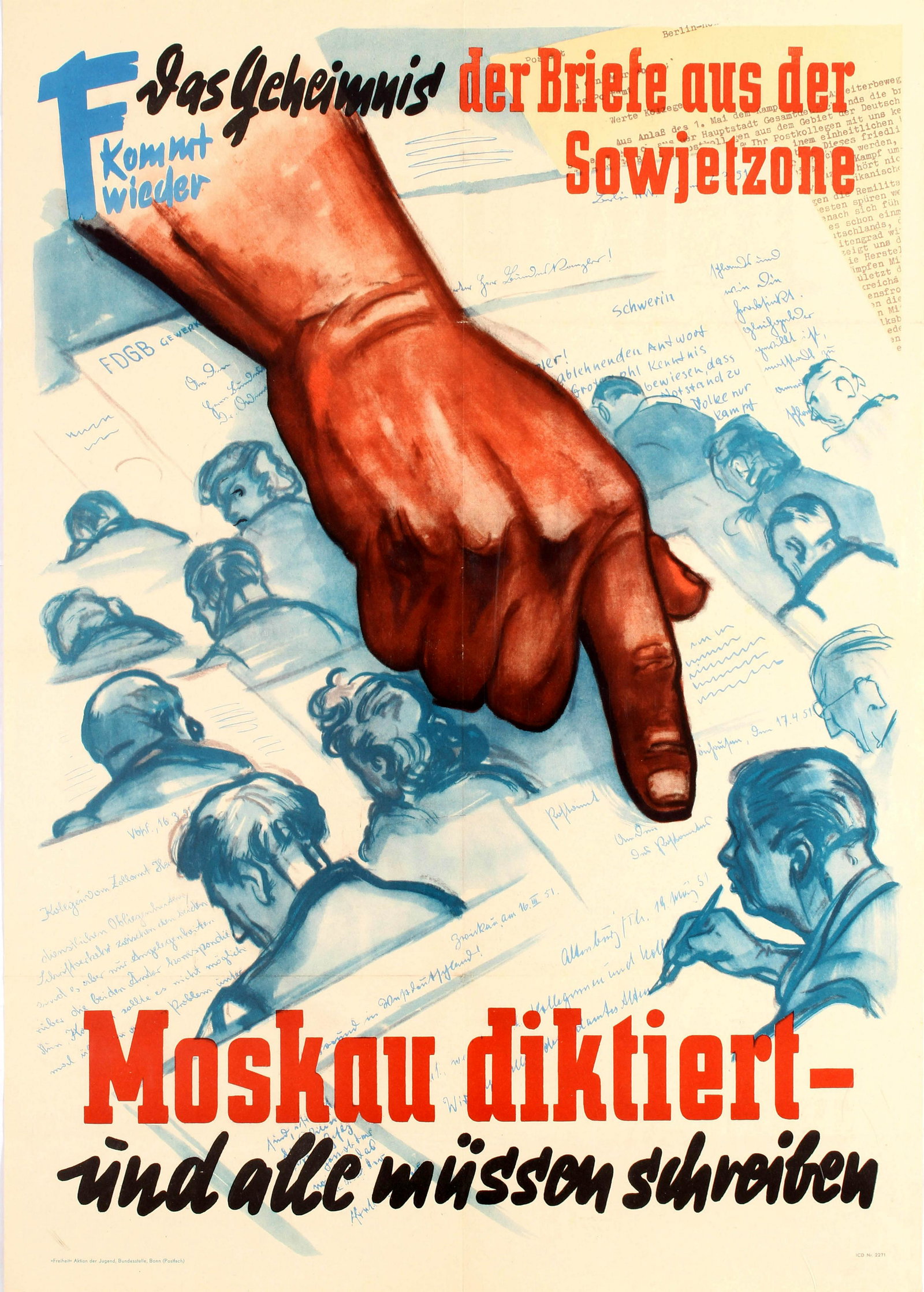 Propaganda Poster Moscow Dictates Anti Soviet Cold War: Original vintage Cold War era anti-Soviet propaganda poster published in German by the Freedom Action of the Youth - The secrets of the Letters from the Soviet Zone Moscow dictates and all must write 