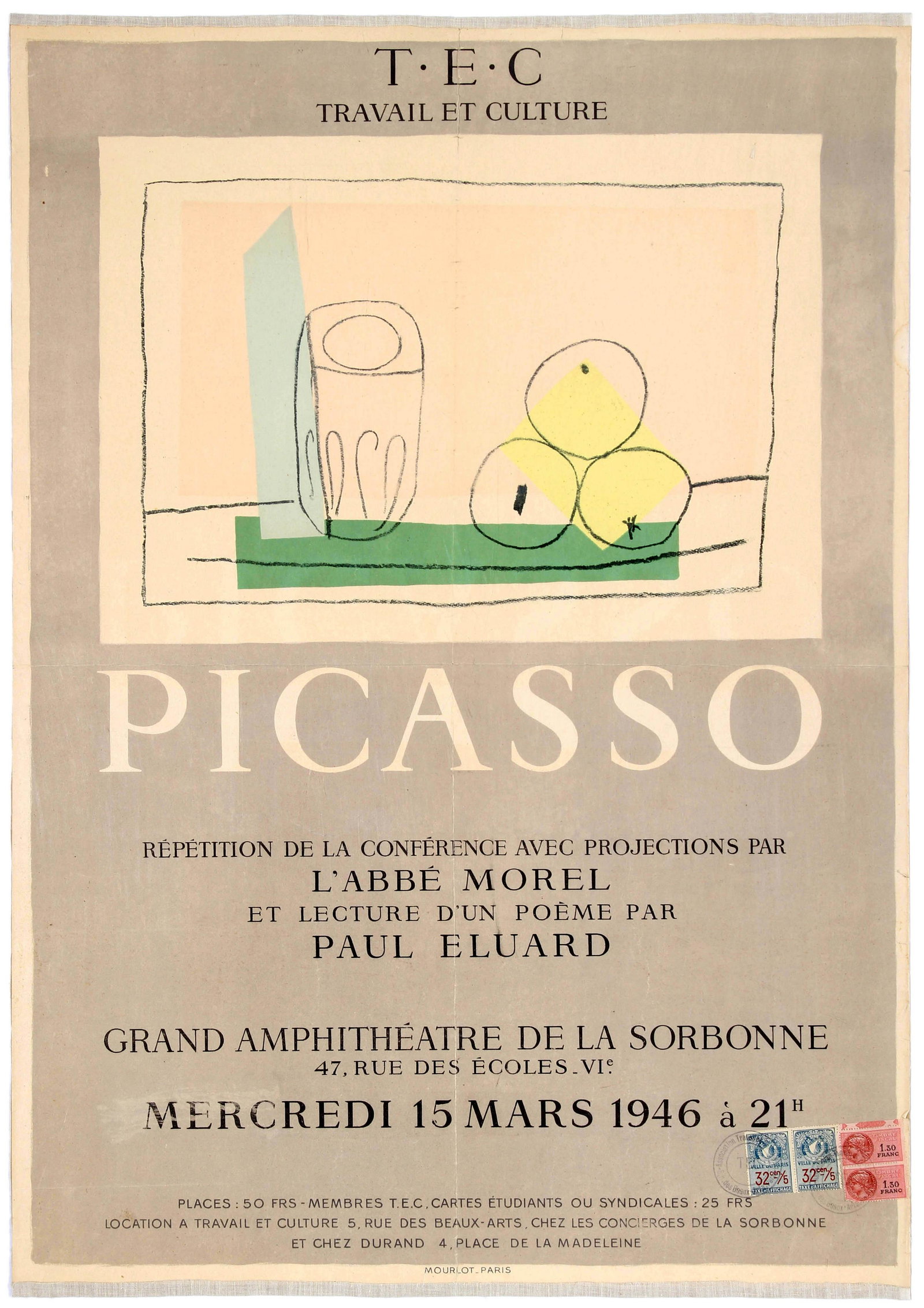 Advertising Poster Pablo Picasso TEC Travail et Culture: Original vintage advertising poster: T.E.C. â€“ Travail et Culture â€“ Picasso. Lithograph printed by Mourlot Paris, edition size: 500 copies.French poster advertising a Picasso conference a
