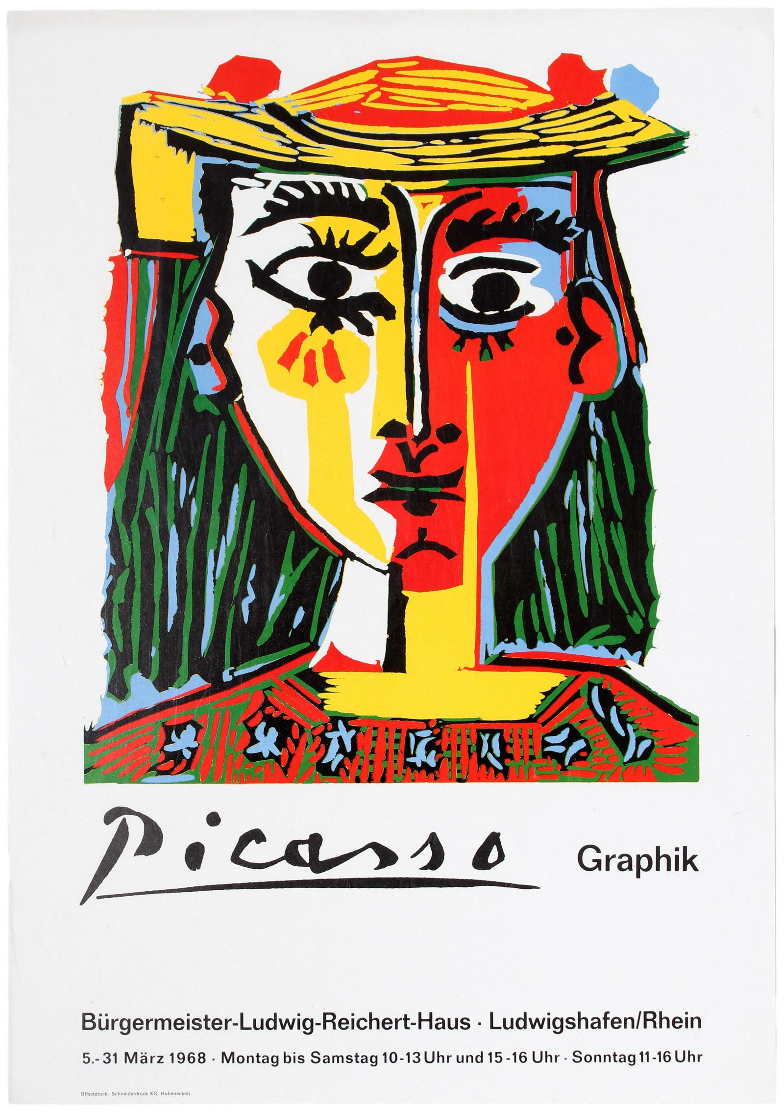 Advertising Poster Pablo Picasso Graphik Exhibition: Original vintage advertising poster for a Pablo Picasso exhibition titled 'Graphik' in Ludwigshafen im Rhein in Germany in March 1968. This poster features a famous artwork titled 'Buste de Femme aux 