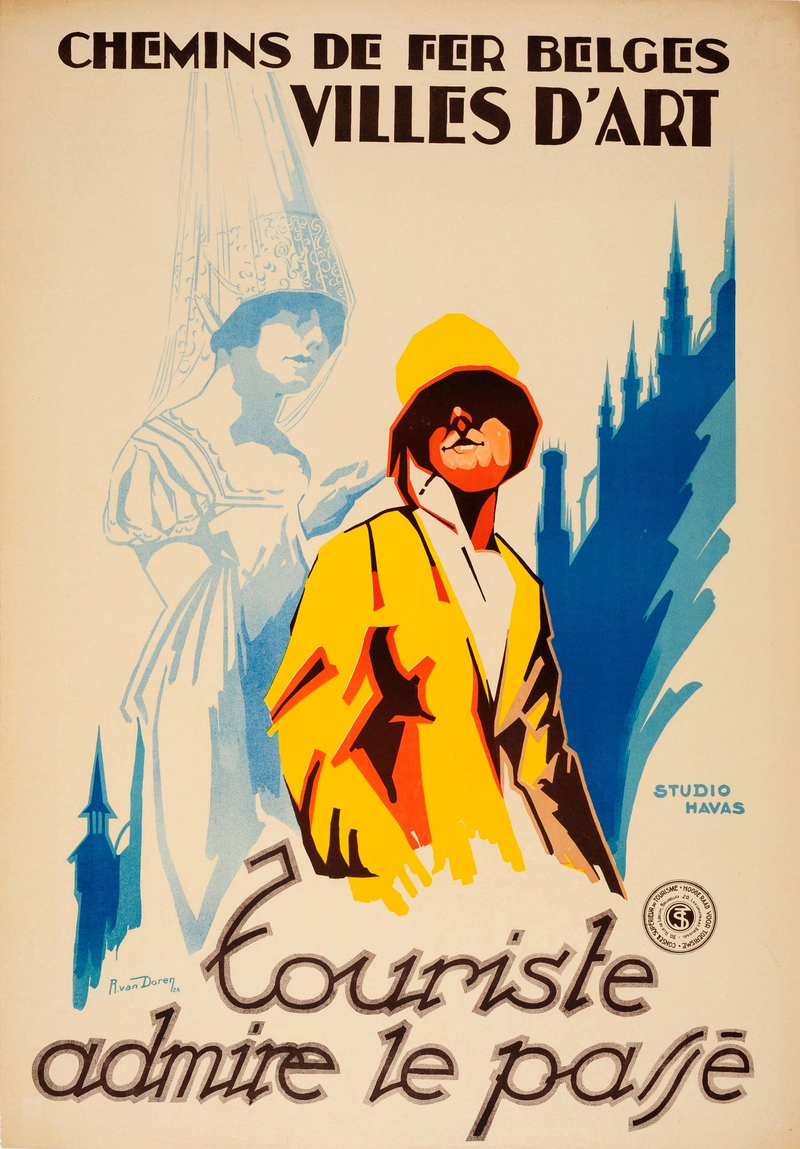 Travel Poster Belgium Art Cities Art Deco: Original vintage travel advertising poster for Belgium villes d'art - touriste admire le passe / cities of art - tourists admires the past. Great design featuring Art Deco text above and below with a