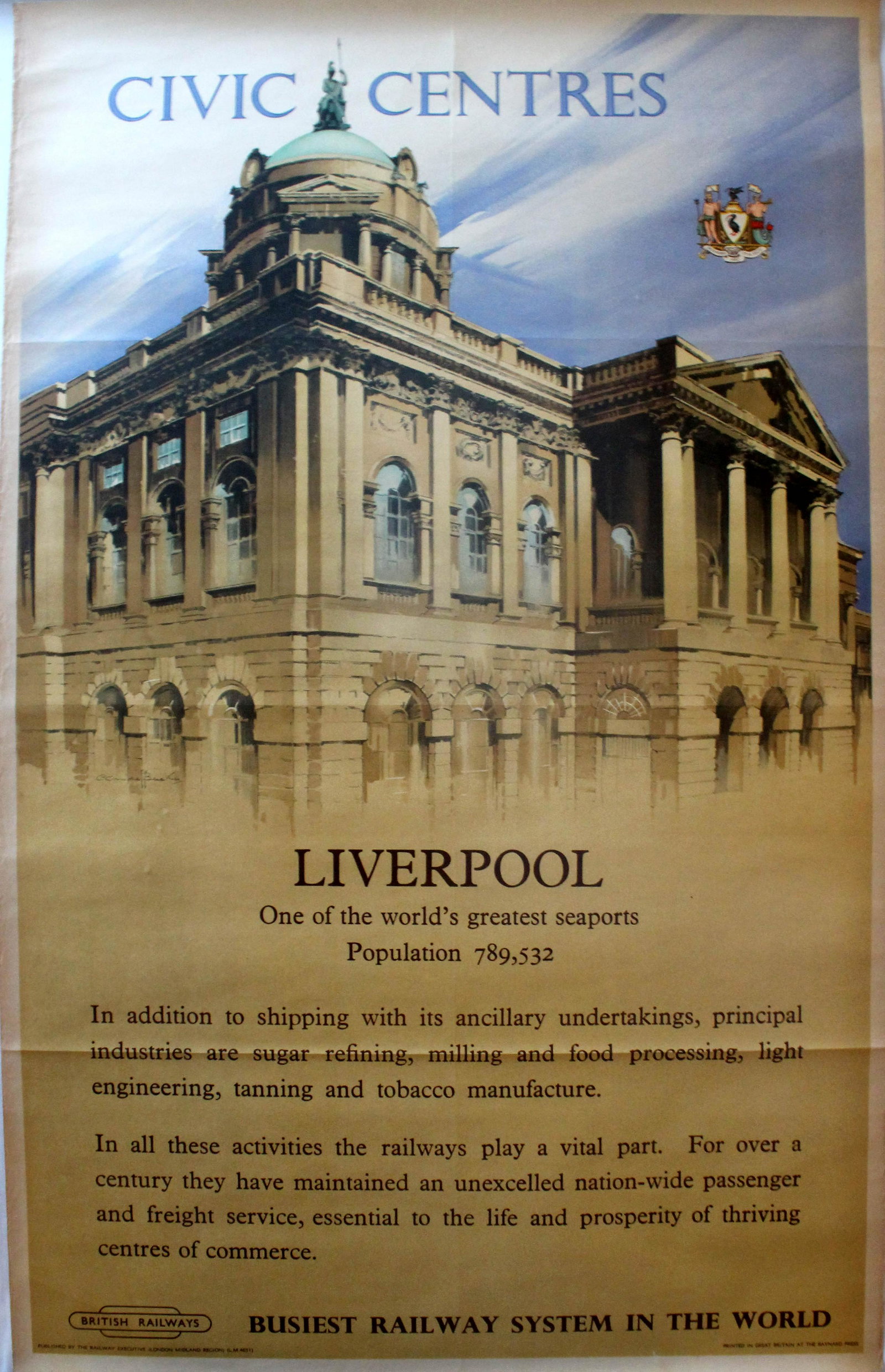 Travel Poster Liverpool British Railways Claude Buckle: Original vintage British Railways poster for Liverpool by the notable painter and poster artist, Claude Buckle (1905-1973). Great image of the city's historic town hall with the city's coat of arms, B