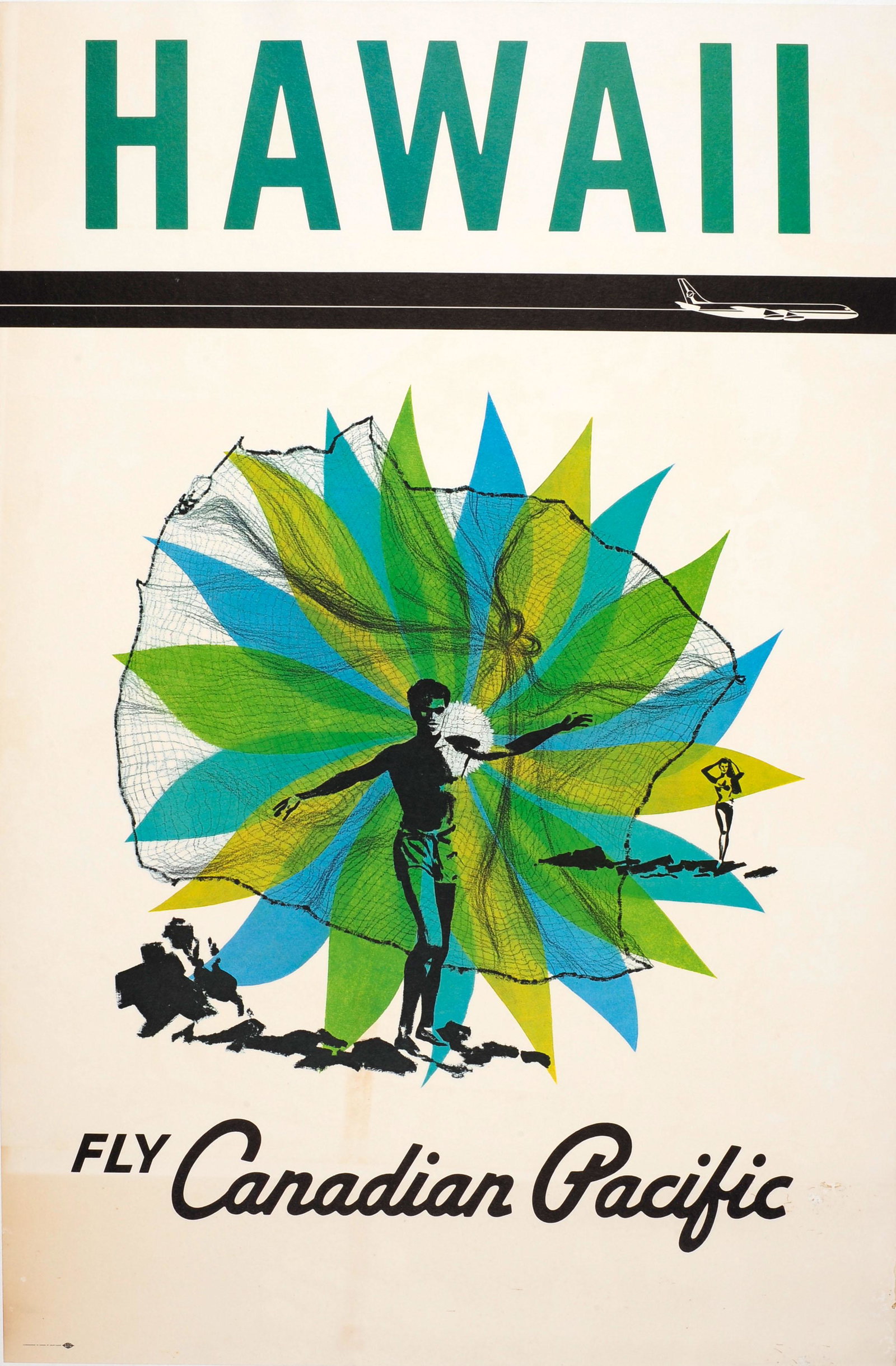 Travel Poster Hawaii Canadian Pacific Airline: Original vintage travel advertising poster - Hawaii Fly Canadian - featuring a fisherman on rocks casting his net with a lady in the background, the black and white image in front of a flower with pet