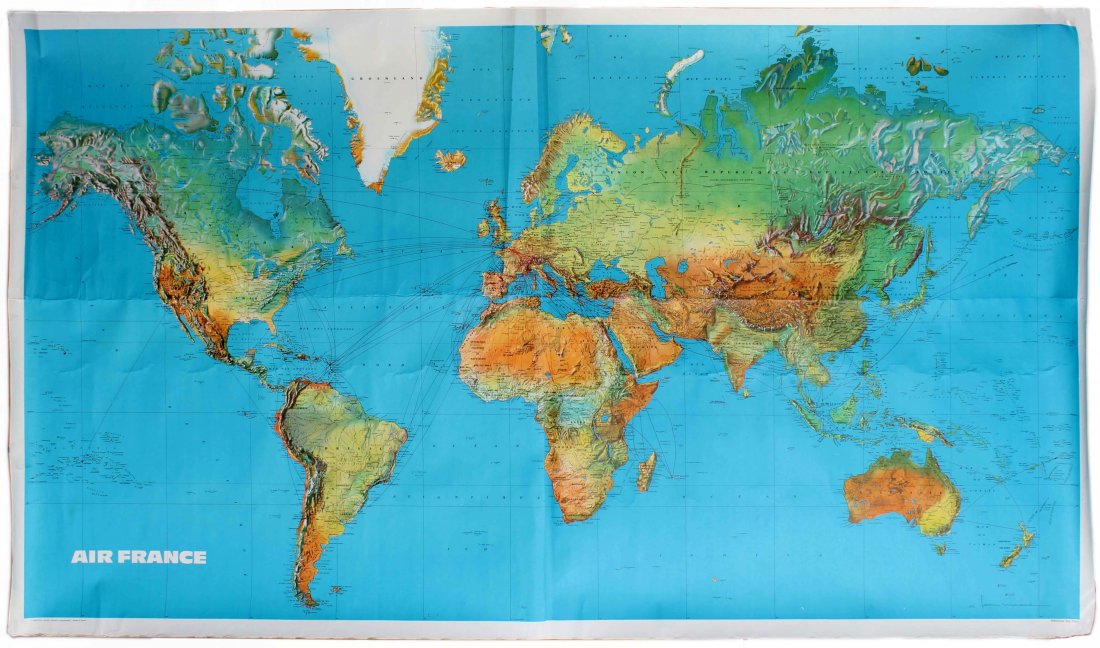Travel Poster Air France Airline Route Map Planisphere: Original vintage travel advertising Air France world map displaying all the flights routes operated by the French airline. Year of printing: 1976, country of printing: France, designer: Unknown, dimen
