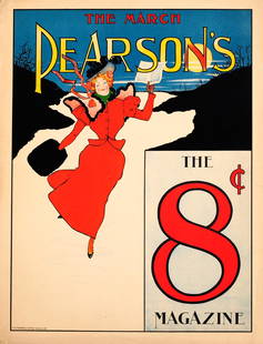 Advertising Poster March Pearsons Magazine Belle Epoque: Original antique advertising poster for the March issue of Pearson's - the 8 cent magazine. Fantastic Belle Epoque style illustration by the American artist Ernest Haskell (1876-1925) depicting a fash