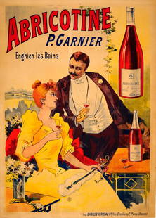 Advertising Poster Abricotine Liqueur Belle Epoque: Large original antique alcohol drink advertising poster for Abricotine (an apricot flavoured brandy liqueur produced by the House of Garnier in France) - Abricotine P. Garnier. Great Belle Epoque