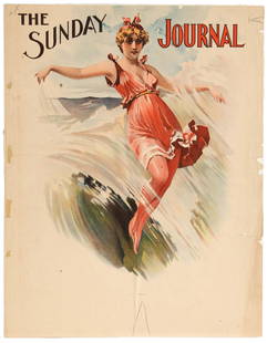 Advertising Poster Sunday Journal Belle Epoque: Original vintage advertising poster for the Belle Epoque publication The Sunday Journal featuring a great illustraton showing a young woman in a pink dress standing in sea waves with her arms open.