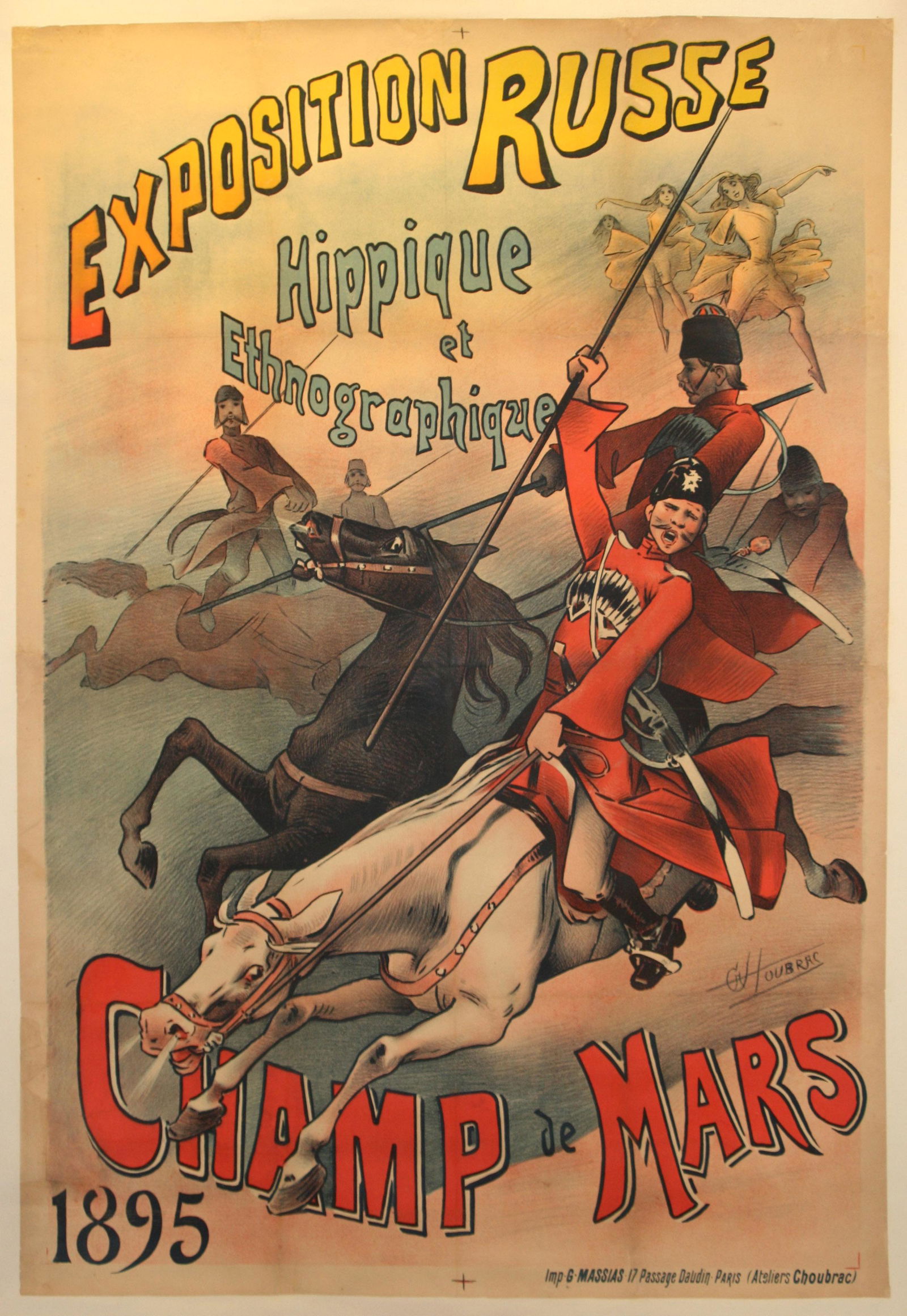 Advertising Poster Exposition Russe 1895 Belle Epoque: Original antique advertising poster for the 1895 Exposition Russe (Russian exhibition) - Hippique et Ethnographique - Champ de Mars. The Russian Exhibition 1895 was held by the Champ de Mars and inclu