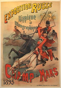 Advertising Poster Exposition Russe 1895 Belle Epoque: Original antique advertising poster for the 1895 Exposition Russe (Russian exhibition) - Hippique et Ethnographique - Champ de Mars. The Russian Exhibition 1895 was held by the Champ de Mars and