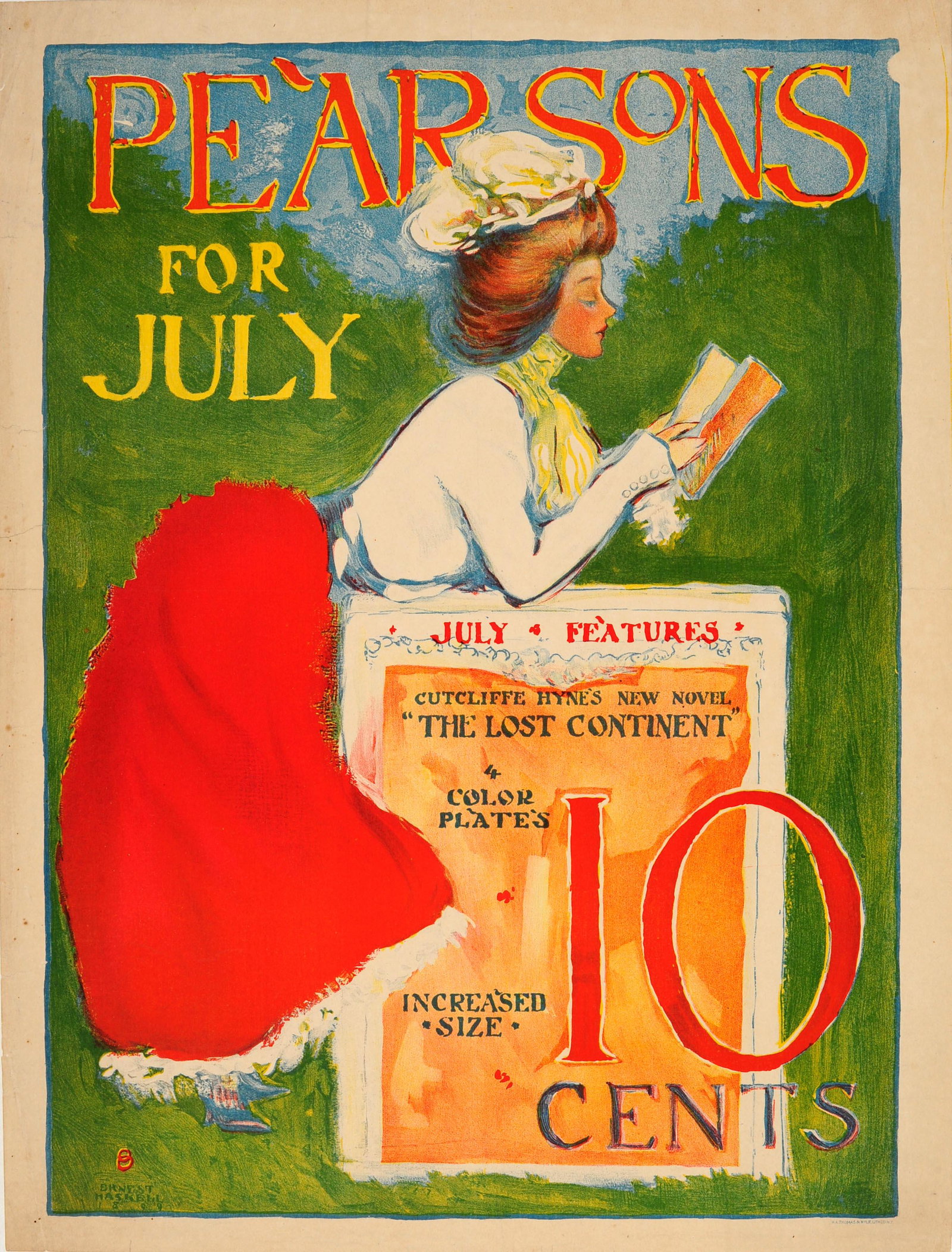 Advertising Poster Pearsons July Belle Epoque: Original antique advertising poster for the July issue of Pearson's magazine featuring Cutcliffe Hyne's new novel The Lost Continent - 4 color plates - Increased size - 10 cents. Colourful Belle Epoqu