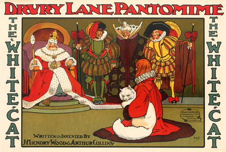 Advertising Poster Hassall Drury Lane Pantomime The: Original antique theatre poster for a Drury Lane Pantomime show for children written and invented by the playwrights J. Hickory Wood and Arthur Collins. Colourful image by the notable English