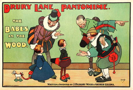 Advertising Poster Hassall Drury Lane Pantomime Babes: Original antique theatre poster for a Drury Lane Pantomime show for children written and invented by the playwrights J. Hickory Wood and Arthur Collins. Colourful image by the notable English