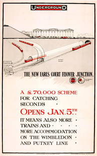 Advertising Poster LT New Earls Court Flyover Junction: Original antique travel advertising poster: The New Earls Court Flyover Junction – A £70,000 scheme for catching seconds – Opens Jan 5th – It means also more trains and more