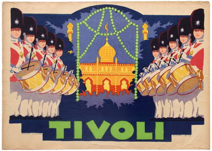 Advertising Poster Tivoli Garden Copenhagen Youth Guard: Original vintage advertising poster for Tivoli Gardens, an amusement park and pleasure garden located in Copenhagen, Denmark. The park opened on 15 August 1843 and is the second-oldest operating