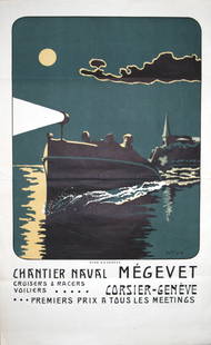 Advertising Poster Geneva Lake Boat Charters: Original vintage advertising poster: Chantier Naval Megevet, Cruisers & Racers Voiliers, Corsier - Geneve, premiers prix a tous les meetings. Printed by Atar S.A. Geneve. Very good condition,