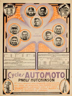 Advertising Poster Cycling Tour De France Automoto: Original vintage poster advertising Cycles Automoto Hutchinson Tyres / Pneus Hutchinson featuring a purple clover leaf with images of Tour de France bicycle race stage winners - Barthelemy, Ville,