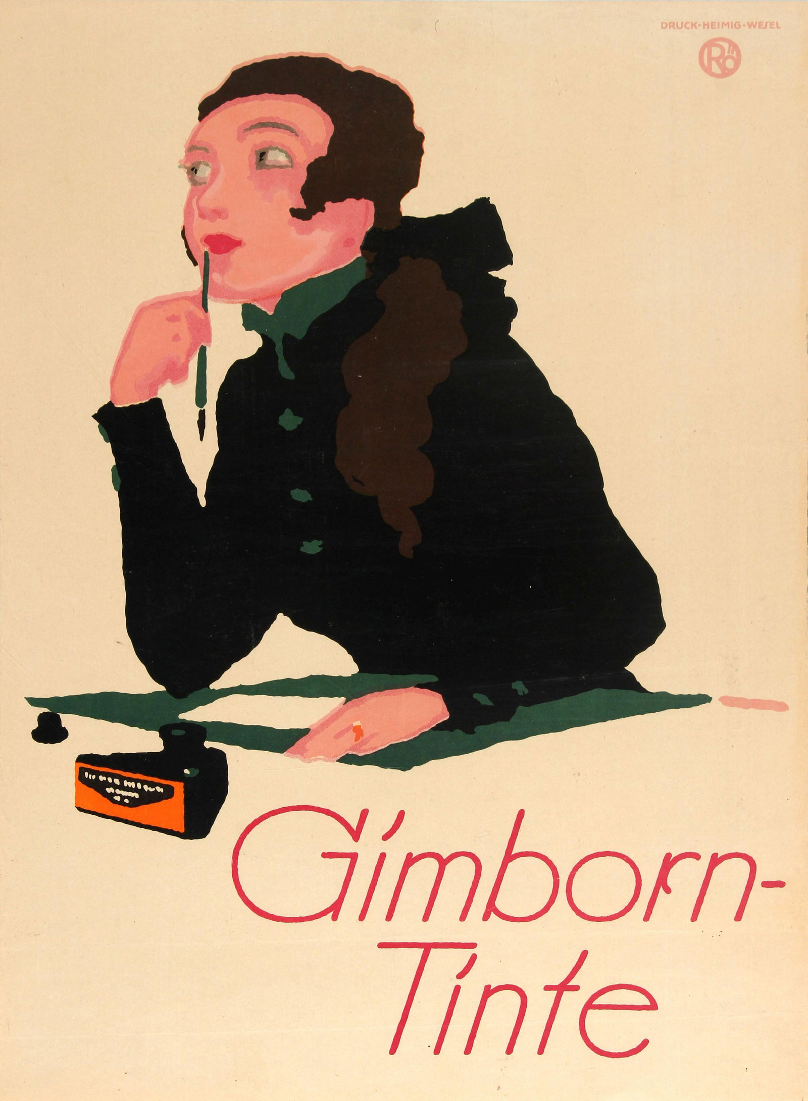 Advertising Poster Gimborn Pen Ink: Original vintage advertising poster for a German brand Gimborn Ink / Gimborn Tinte (since 1860) featuring an image of a person daydreaming while writing with a Gimborn-Tinte inkwell on the table, the 
