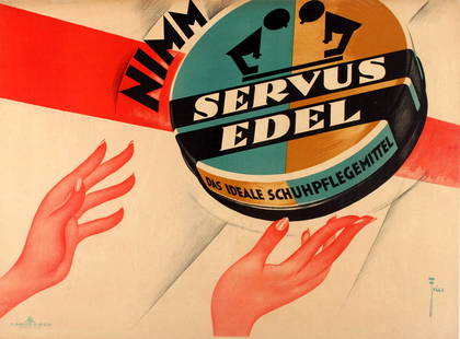 Advertising Poster Servus Edel Shoe Care Art Deco: Original vintage advertising poster for a German shoe polish brand - Take Servus Edel The Ideal Shoe Care Product / Nimm Servus Edel Das Ideale Schuhpflegemittel. Colourful constructivist Art Deco