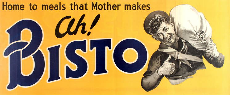 Advertising Poster Bisto Home to Meals That Mother: Original vintage advertising poster: Ah! Bisto Home to meals that Mother Makes. Large double sided banner size poster featuring a black and white illustration of a smiling young sailor in uniform