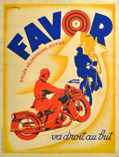 Advertising Poster Favor Cycles Motorcycles Matthey: Original vintage advertising poster for Favor Cycles, Velomoteurs, Motos. Colourful image featuring three riders on their bicycles and motorbikes along an arrow pointing to the bulls eye target in