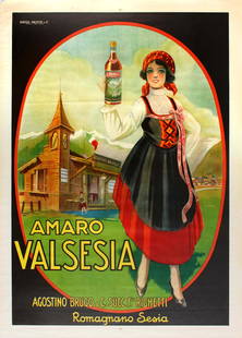 Advertising Poster Amaro Valsesia Alcohol Italy: Original vintage advertising poster for Amaro Valsesia, an Italian bitter aperitive alcohol drink produced in the Romagnano Sesia area, a mountain region of north-eastern Italy. Great illustration of