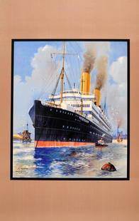 Advertising Poster Royal Mail Lines Ship Cruises: Original vintage Royal Mail Lines cruise ship poster featuring an image of a steam ship with a smaller tug boat and sailing boat below, seagulls flying overhead and buildings on the land visible in