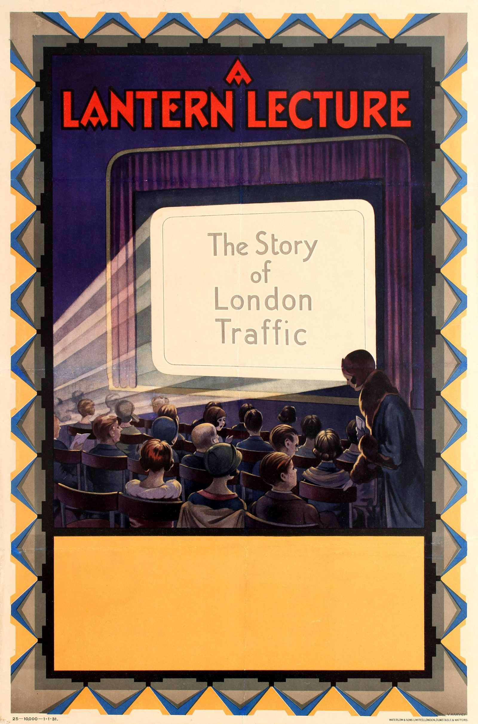 Advertising Poster A Lantern Lecture The Story of: Original vintage advertising poster for A Lantern Lecture - The Story of London Traffic featuring a fantastic image of a theatre auditorium full of people and children attending a lecture projected on