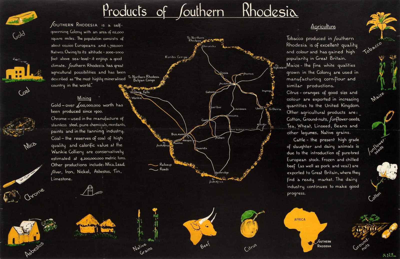 Advertising Poster Products of Southern Rhodesia Mining: Original vintage poster entitled Products of Southern Rhodesia (now Zimbabwe) featuring an outline map of the country against a black background with information text about the former self governing B
