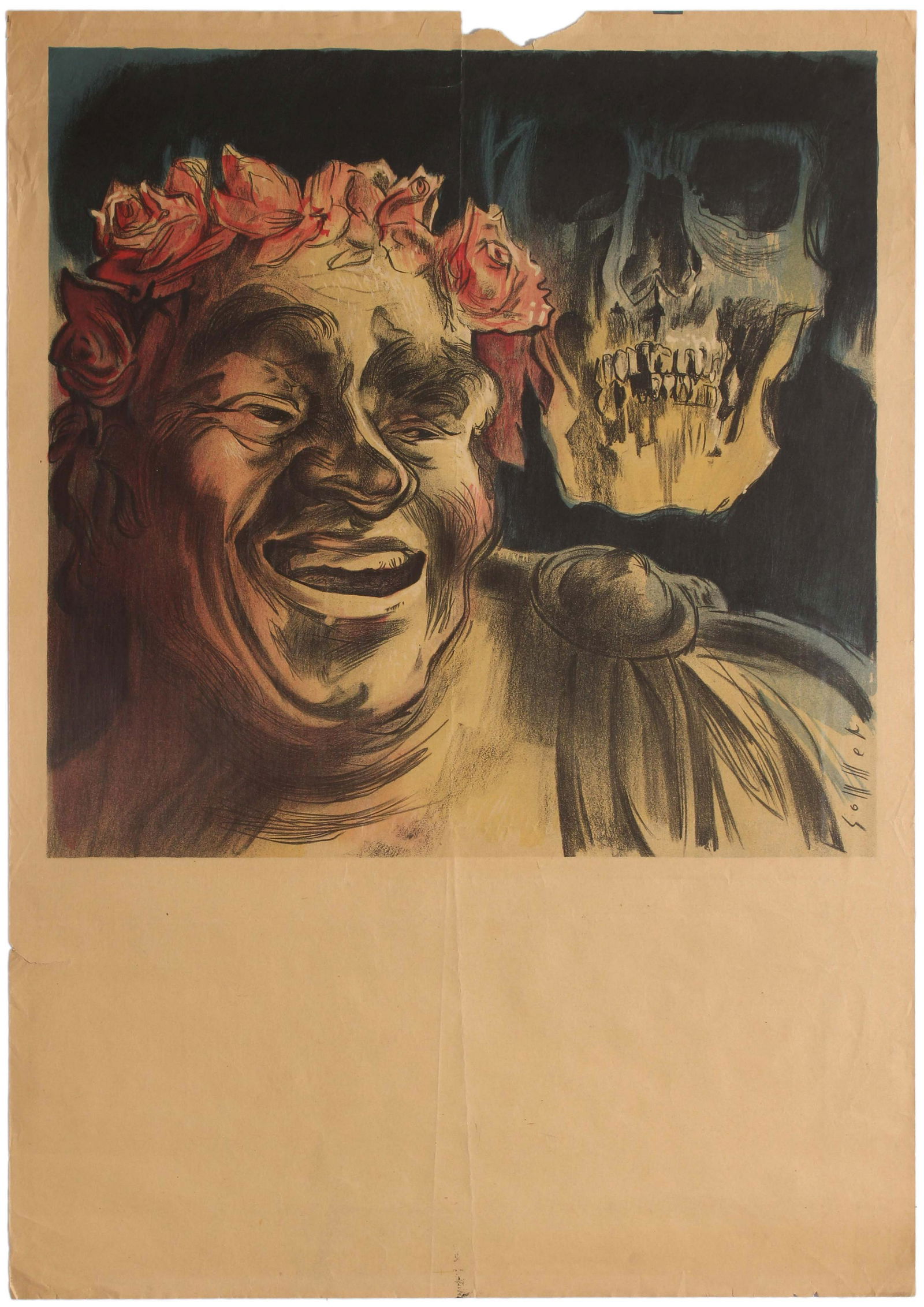 Advertising Poster Theatre Laughing Bacchus Skull: Original vintage advertising poster featuring an artwork depicting a man as a Bacchus with a crown of roses, laughing in the foreground while a skull can be seen in the background behind him. This mig