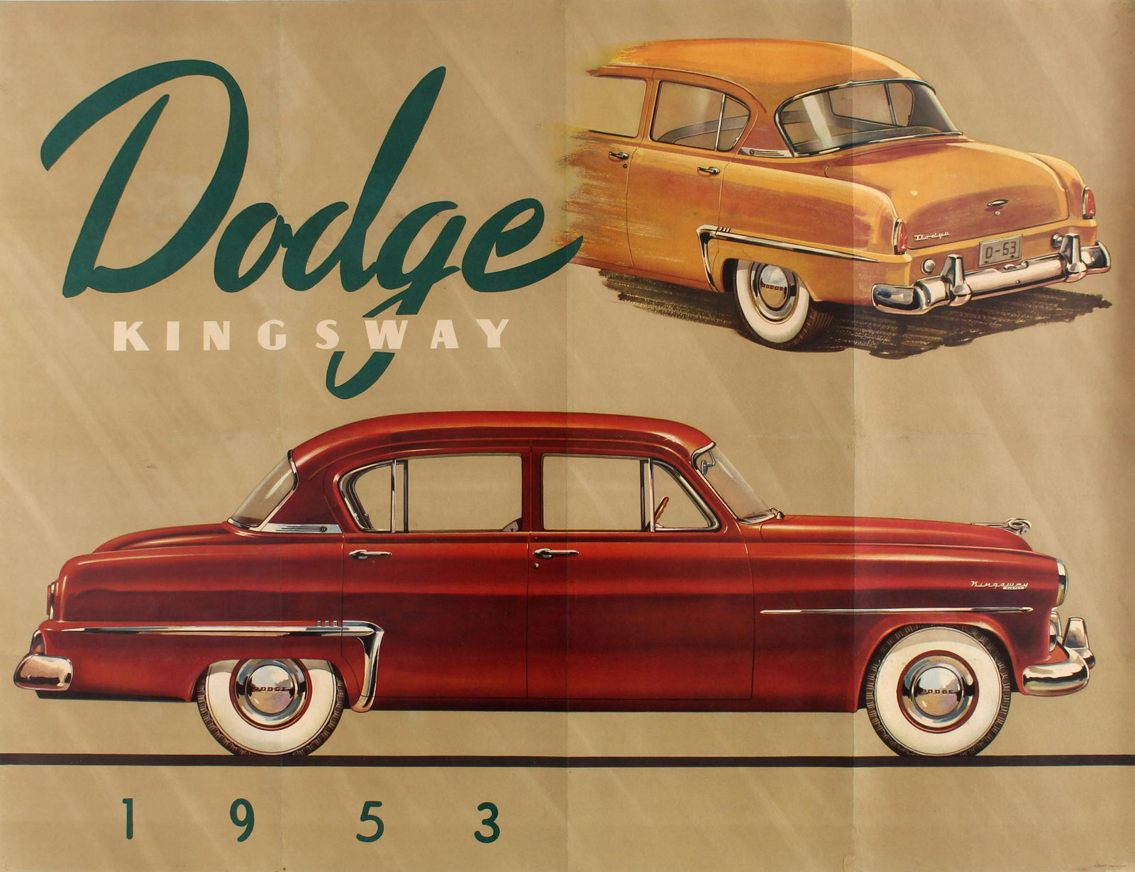 Advertising Poster Dodge Dealer Kingsway USA Car: Original vintage car dealer advertising poster for the Dodge Kingsway 1953 model (1946-1959) built by the American automobile manufacturer Dodge (founded 1900) for their export market, featuring a gre