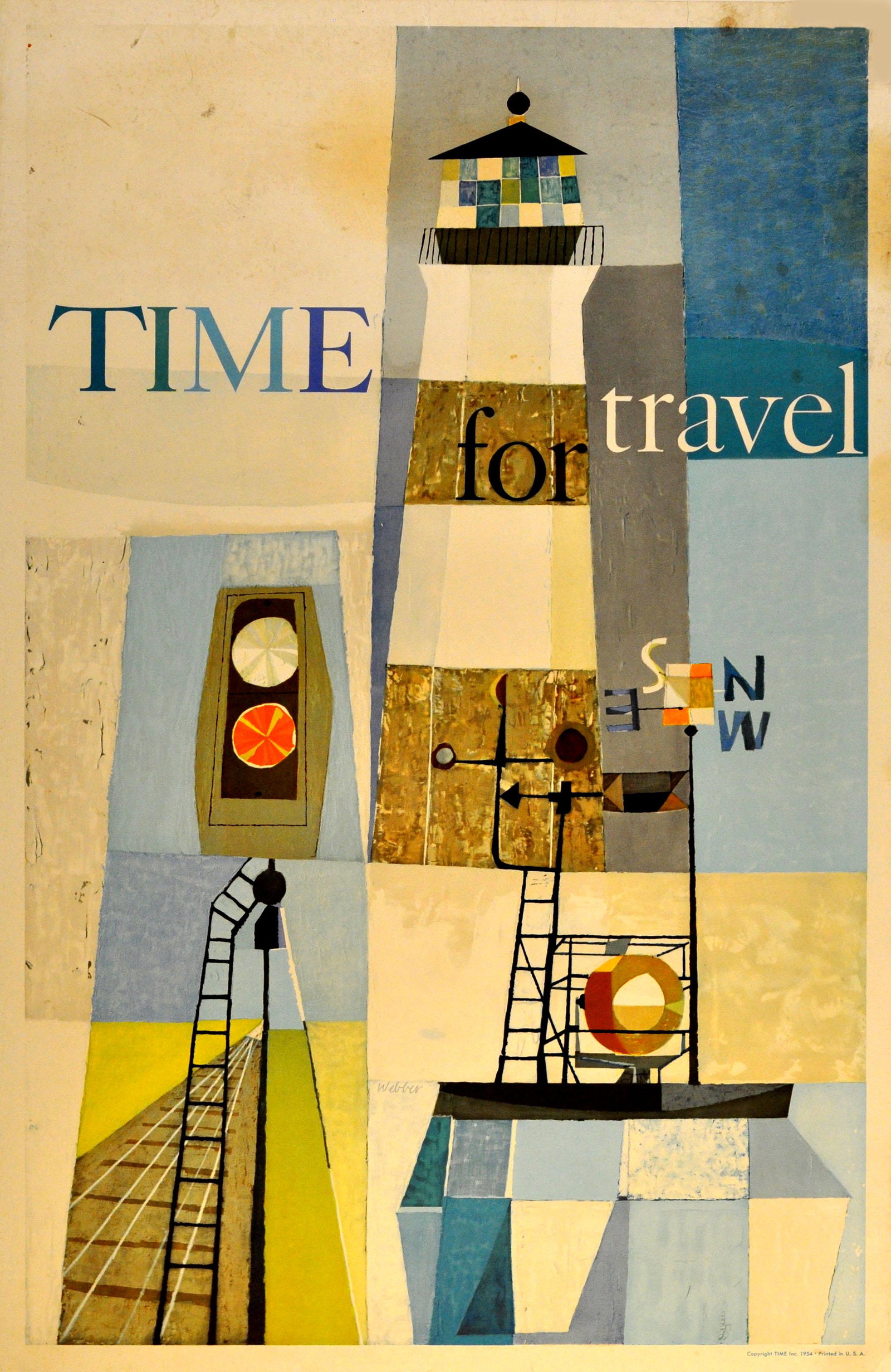 Advertising Poster Time Magazine For Travel Mid-Century: Original vintage advertising poster printed by Time Inc. - Time for Travel - featuring a mid-century modern image of a lighthouse with train signals above railway lines and compass points. Large size.