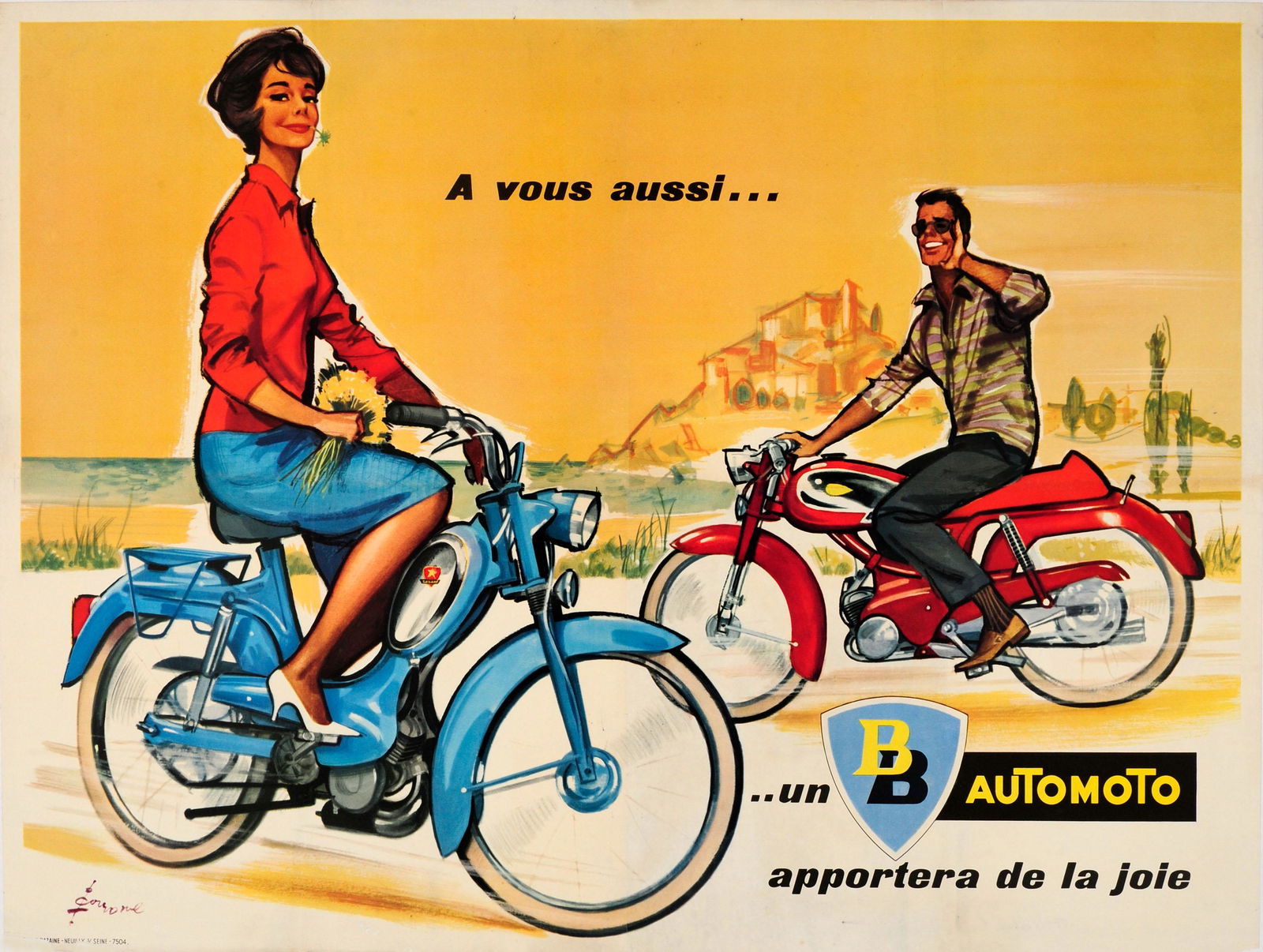 Advertising Poster Automoto Happiness Scooter Bike: Original vintage advertising poster for the French motorbike and scooter moped manufacturer Automoto - To you too... an Automoto will bring Happiness / A vous aussi... un Automoto apportera de la joie