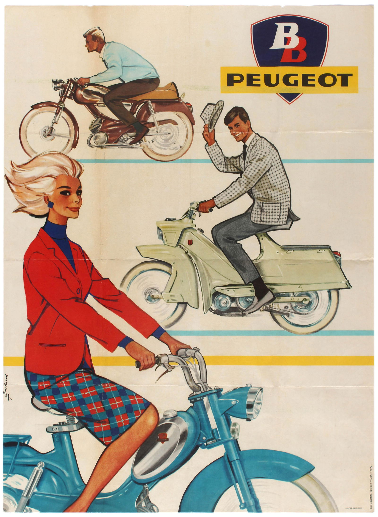 Advertising Poster Peugeot Mopeds Couronne Midcentury: Original vintage advertising poster published by the French motorbike and scooter moped manufacturer Peugeot to advertise its new mopeds models. The poster features a great mid-century design by notab