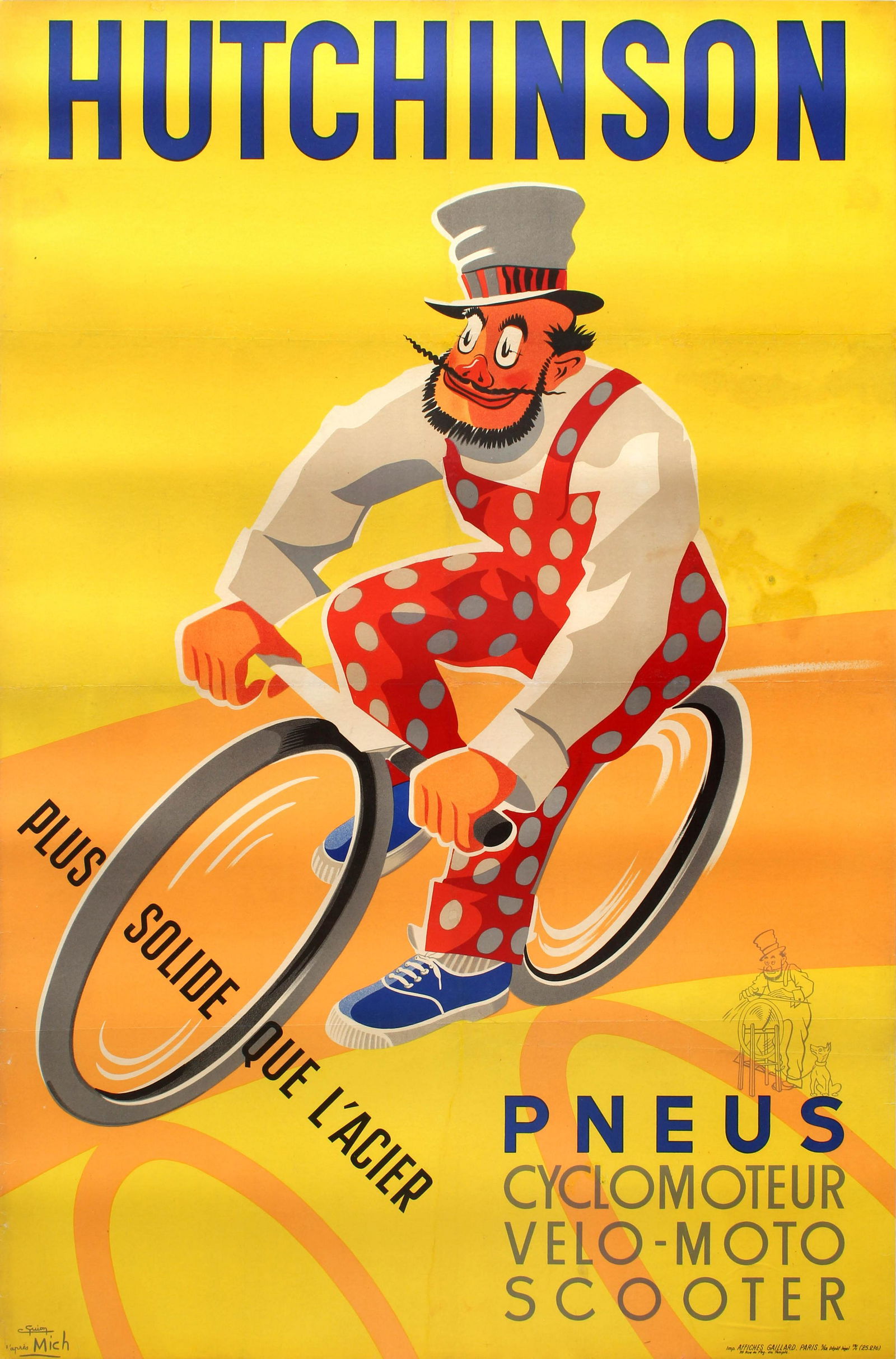 Advertising Poster Hutchinson Tyres Stronger Than Steel: Original vintage advertising poster for the French tyre maker Hutchinson (founded 1853; manufacturing tyres for motorcycles, bicycles and mopeds since 1890): Stronger than Steel / Hutchinson Plus Soli