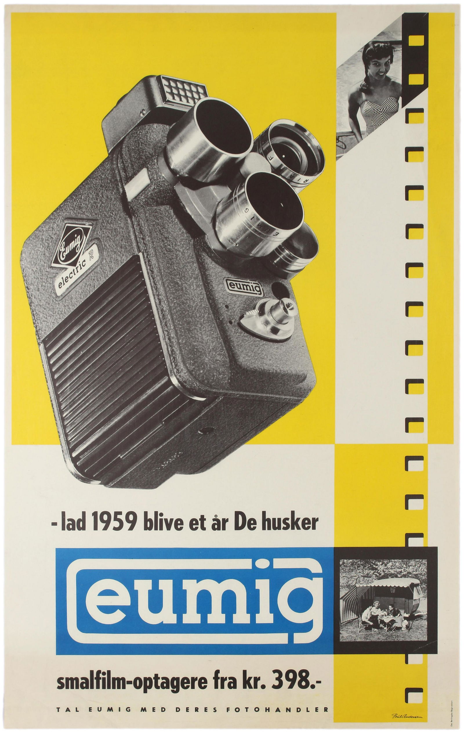 Advertising Poster Eumig CineMovie Movie Camera: Original vintage Danish advertising poster for the Eumig Electric R Standard 8mm cine camera which was produced by Eumig in Austria in the late 1950s: Let 1959 be a year you remember - Narrow film-rec