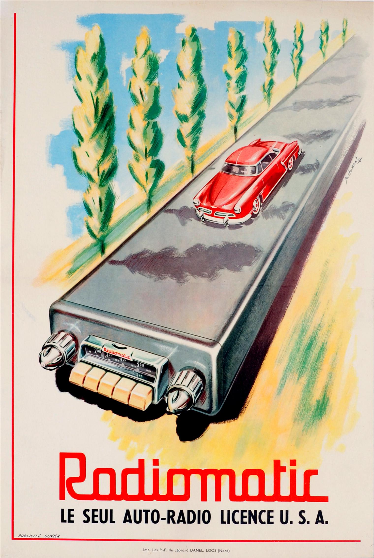 Advertising Poster Radiomatic Car Radio: Original vintage advertising poster for Radiomatic car radios. Great retro image featuring a red car driving down a tree lined road, the road forming a car radio at the end, with stylised text below.