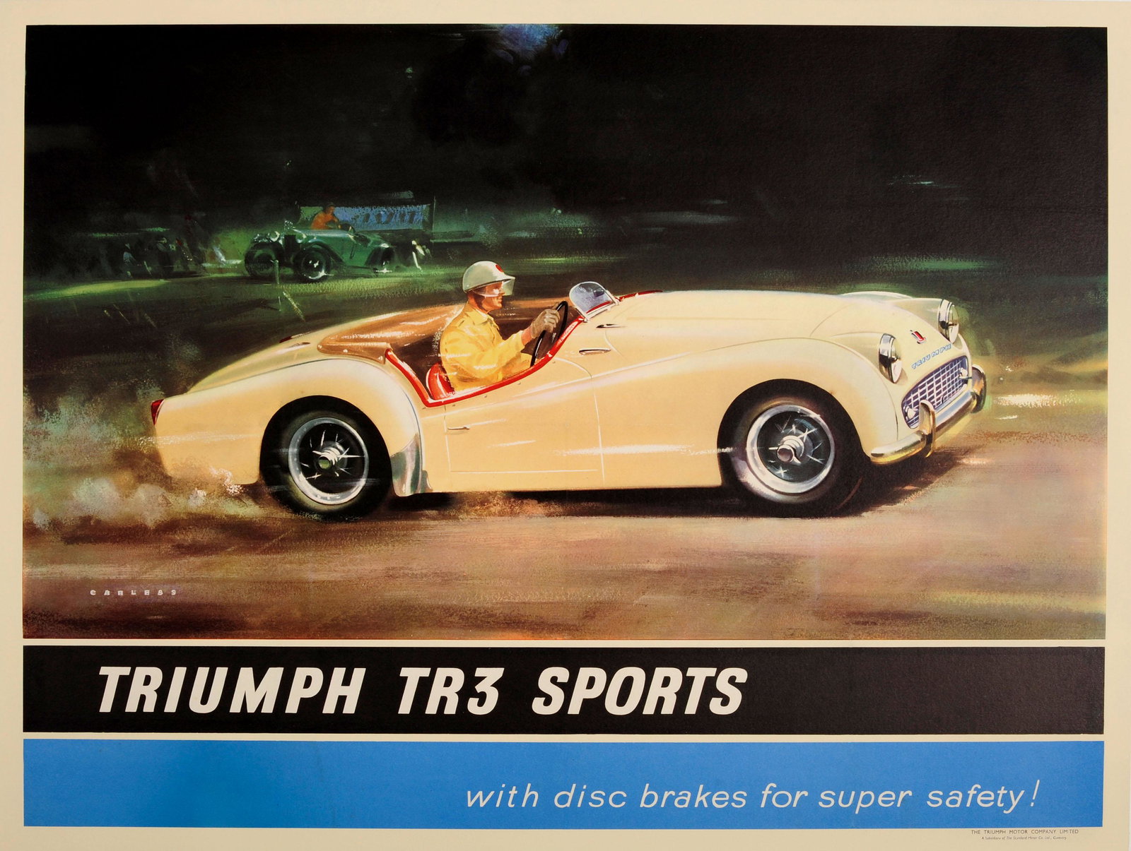 Advertising Poster Triumph TR3 Sports: Original vintage advertising sports car poster - Triumph TR3 Sports with disc brakes for super safety! - the British sports car produced by the Standard Triumph Motor Company (the TR3 was one of the c