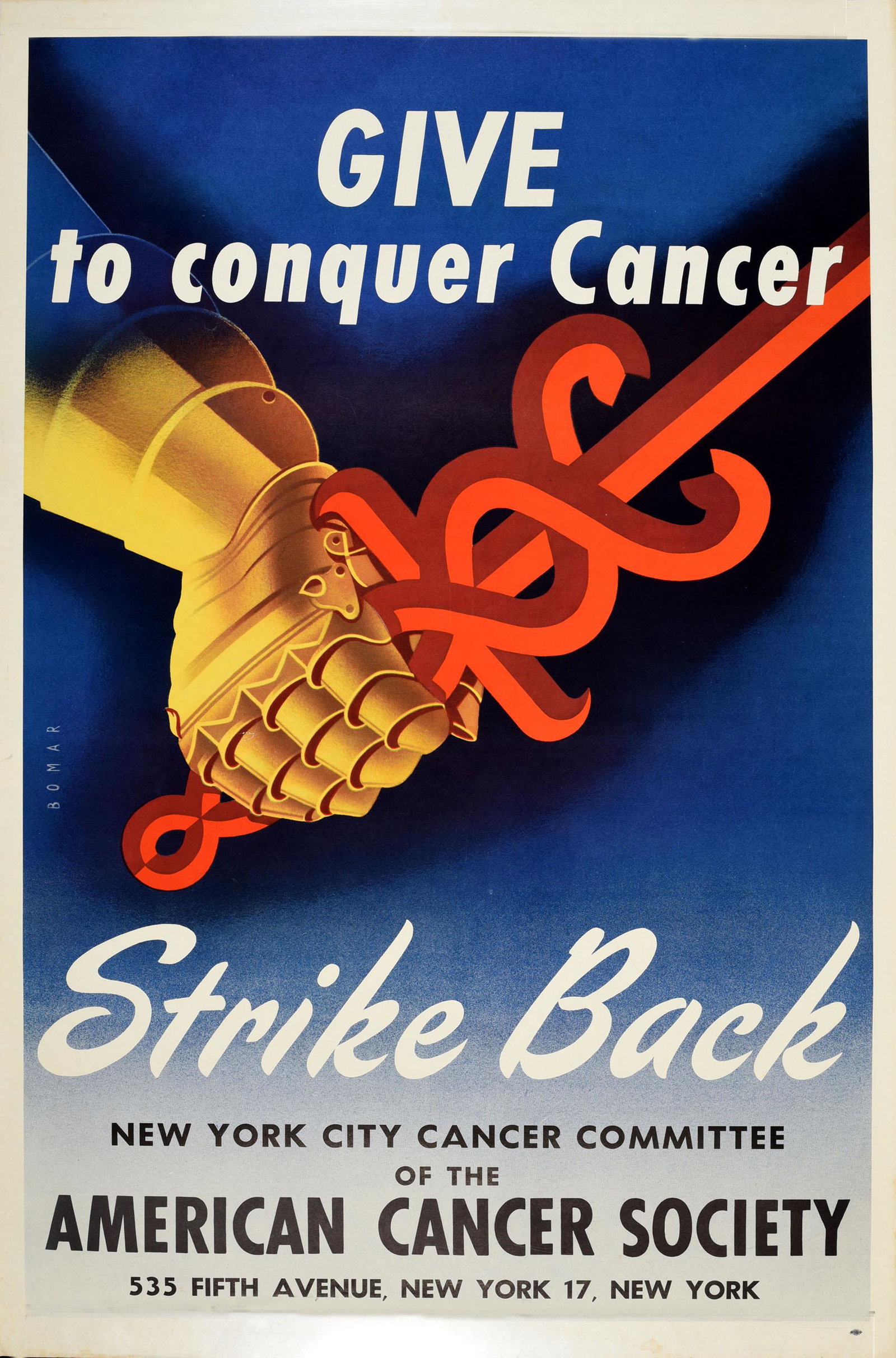 Advertising Poster Give To Conquer Cancer American: Original vintage health charity poster - Give to Conquer Cancer Strike Back - issued by the New York City Cancer Committee of the American Cancer Society (founded 1913). Dynamic design by Walter Bomar