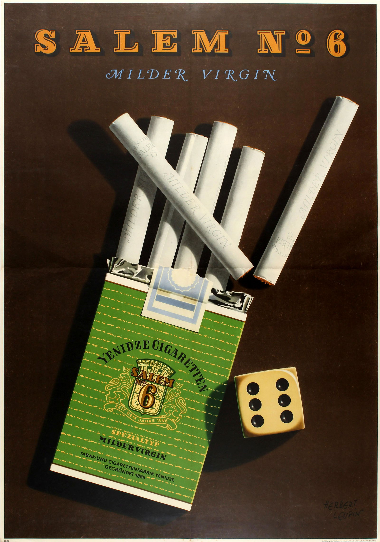 Advertising Poster Salem No 6 Cigarettes Herbert Leupin: Original vintage advertising poster for Salem No 6 Cigarettes Milder Virgin featuring a great mid century design by the notable Swiss poster designer Herbert Leupin (1916-1999), who designed posters f