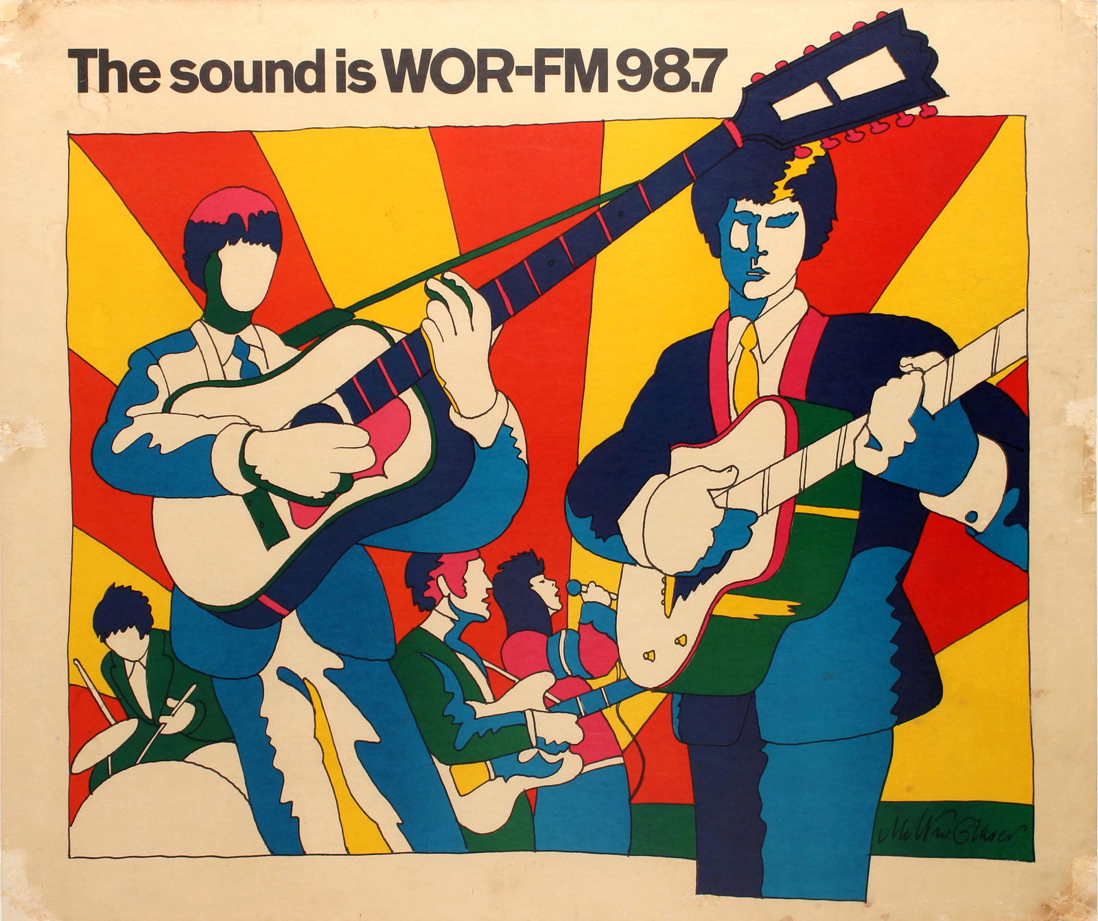 Advertising Poster WOR FM 98.7 Radio USA Psychedelic: Original vintage advertising poster promoting RKO General Broadcasting's new New York radio station WOR-FM 98.7 that first went on air in 1966 featuring a colourful psychedelic Mod style design by the