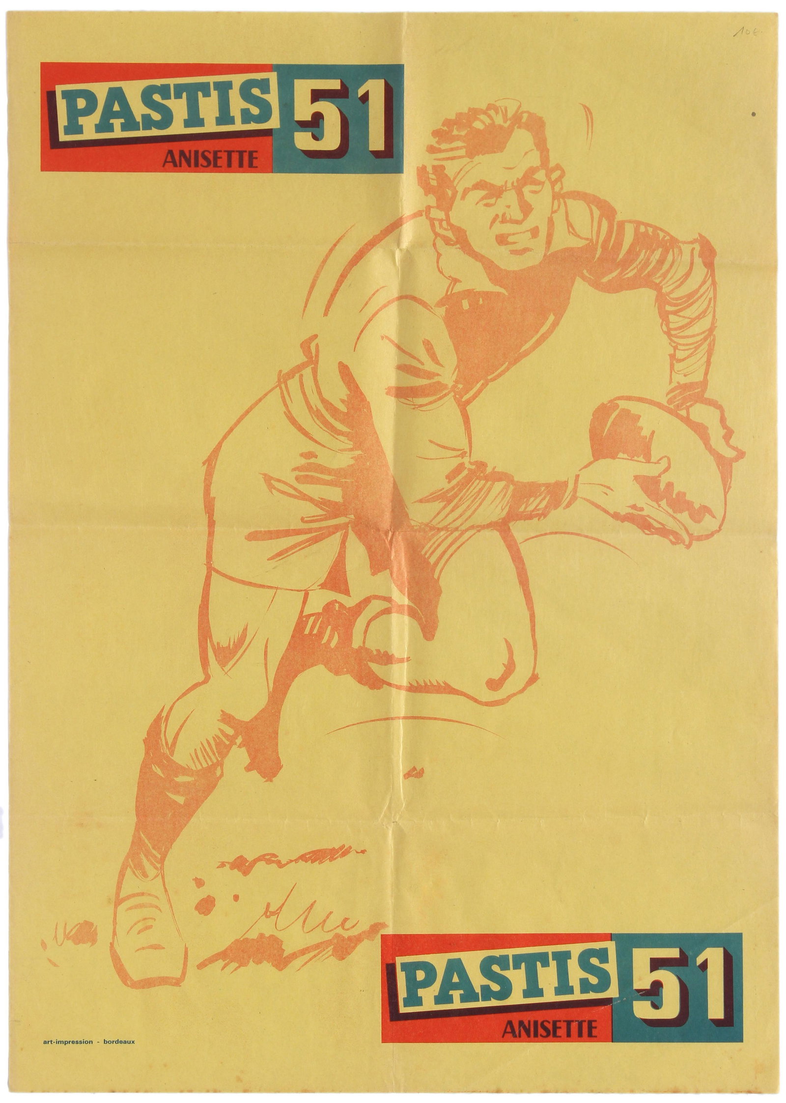 Advertising Poster Rugby Pastis 51 French Alcohol: Original vintage sport poster showing a drawing depicting a rugby player. The poster also features two logos for the alcoholic beverage Pastis 51, in the top left and bottom right corner, with the ima