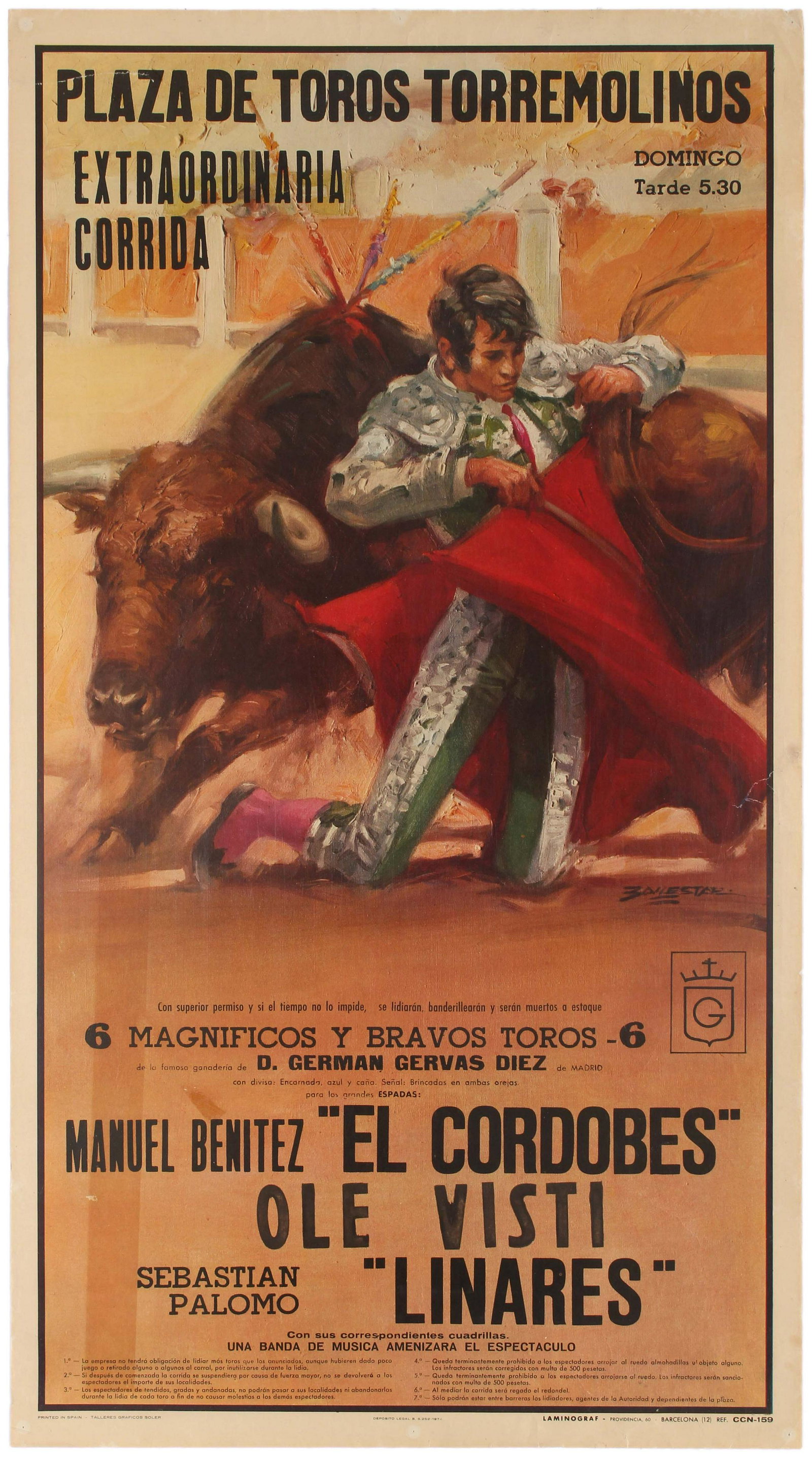 Advertising Poster Spanish Bullfight Corrida Andalusia: Original vintage Spanish advertising poster for a bullfight event held on the Plaza de Torros in the town of Torremolinos in Andalusia. Striking artwork showing a bull rounding a kneeling torreador. P